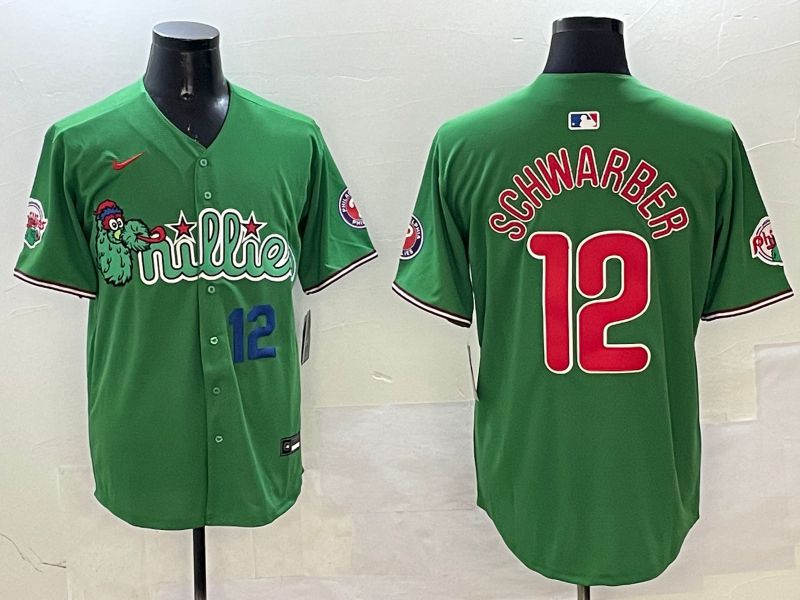 Men Philadelphia Phillies #12 Schwarber Green Three generations Joint Name Game 2025 Nike MLB Jersey style 4